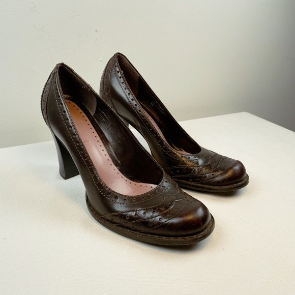 Nine West Brown Leather Chunky Heel Pumps Sz 7 - Picture 2 of 8